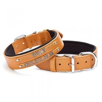 Doggie Deri Çift İsimlikli Köpek Tasması 3,5x47x55 cm Kamel